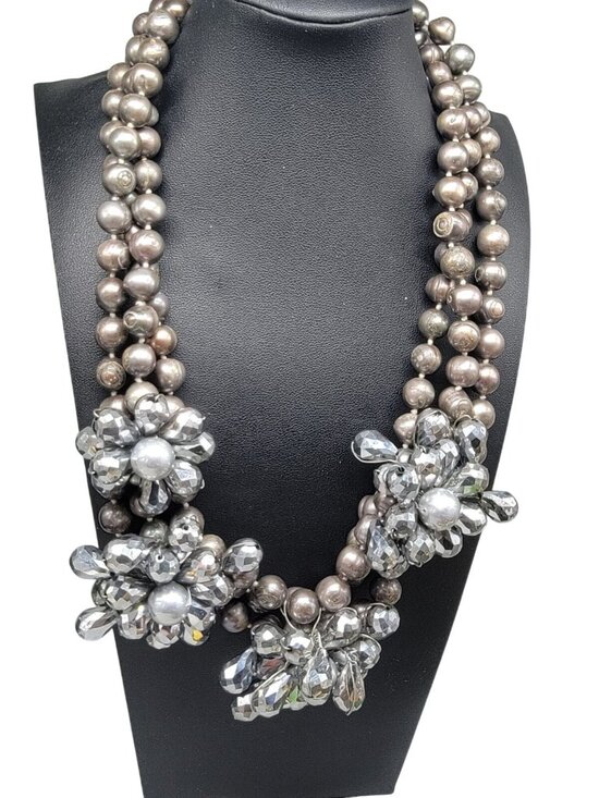 Unknown Jewelry - Massive Artisan 3 Strand Freshwater Pearl Flower Necklace Sterling Silver Clasp